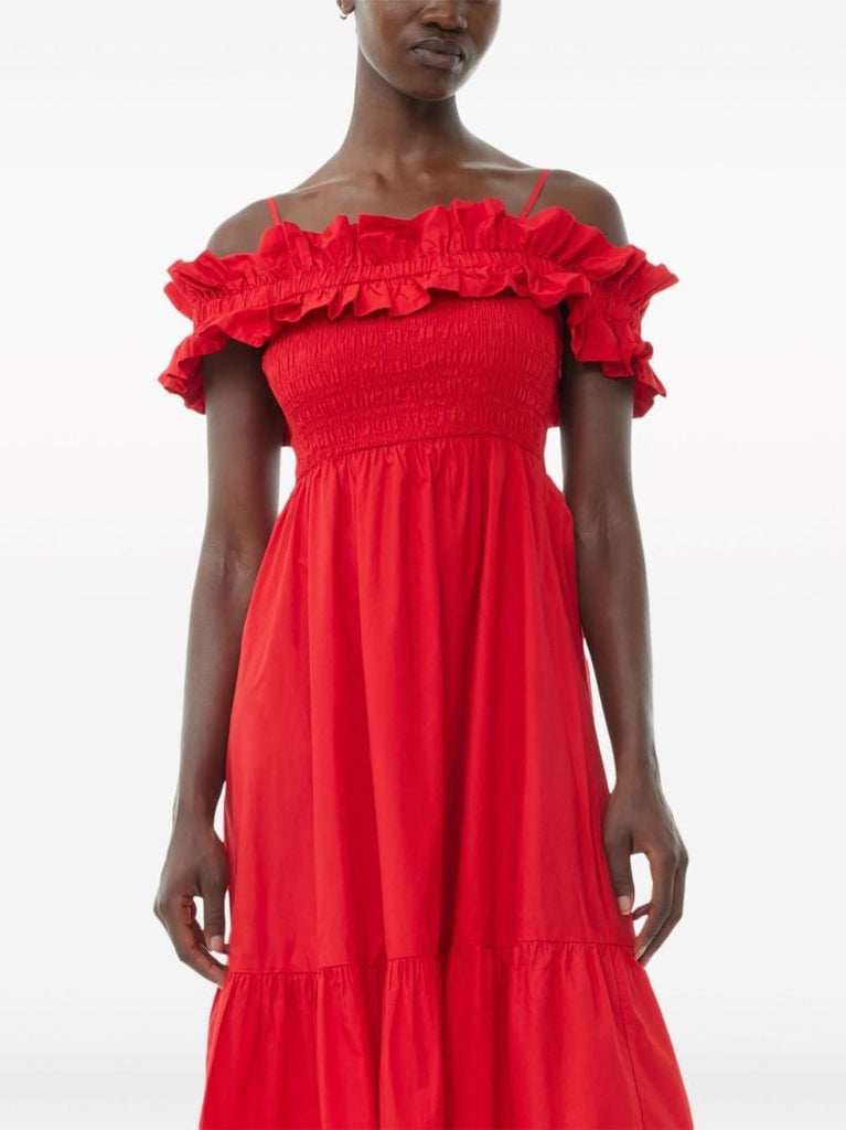 Red Ruffled Poplin Midi Dress