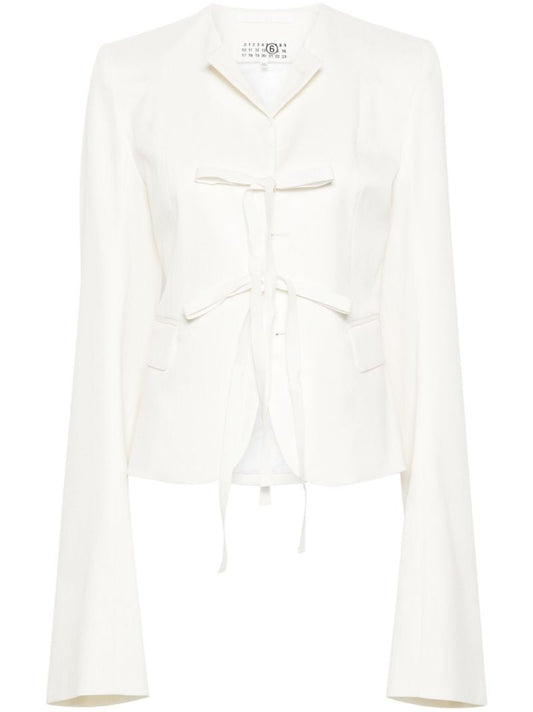 White Lapelless Tied Blazer