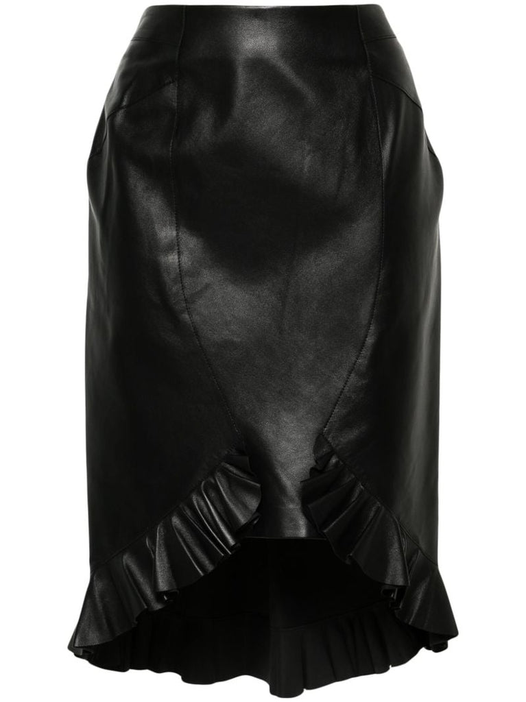 Black Ruffled Leather Pencil Skirt