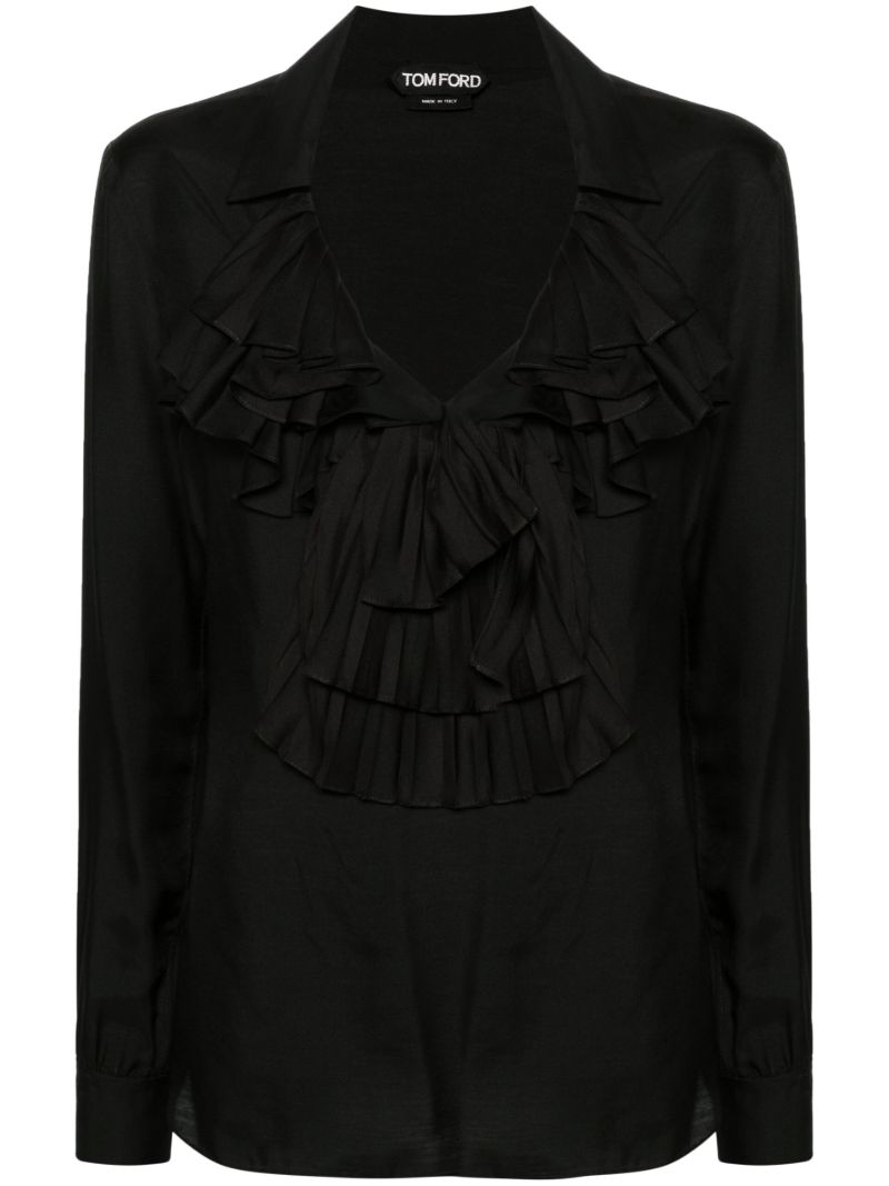 Black Ruffled V-neck Blouse