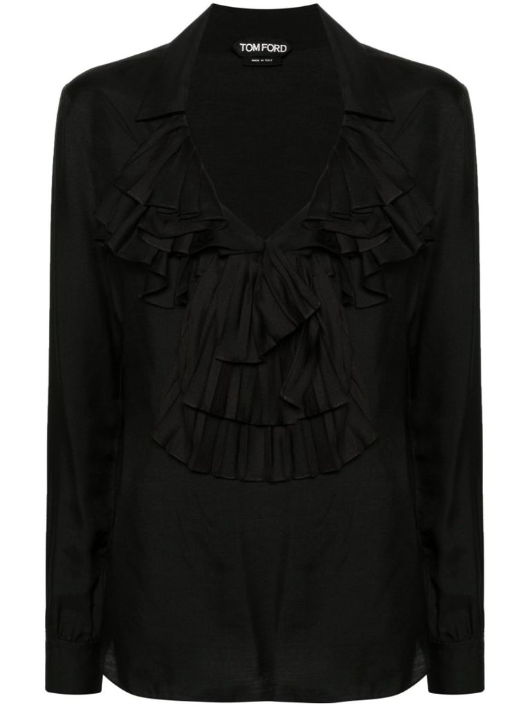 Black Ruffled V-neck Blouse