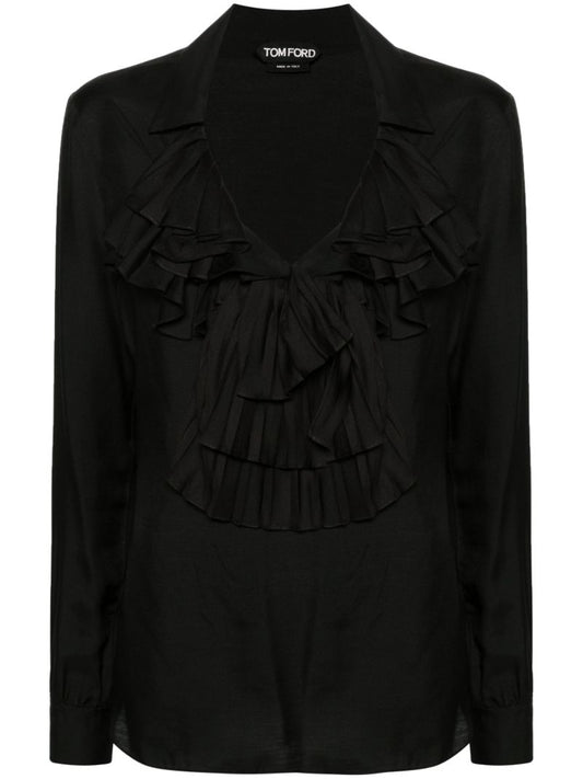 Black Ruffled V-neck Blouse