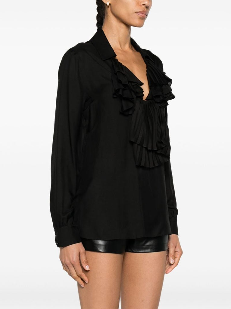 Black Ruffled V-neck Blouse