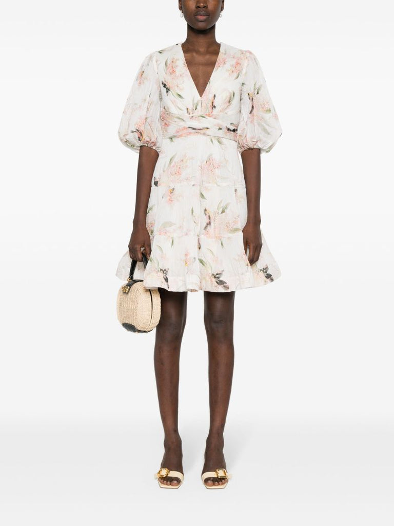 Neutral Printed Pleated Mini Dress