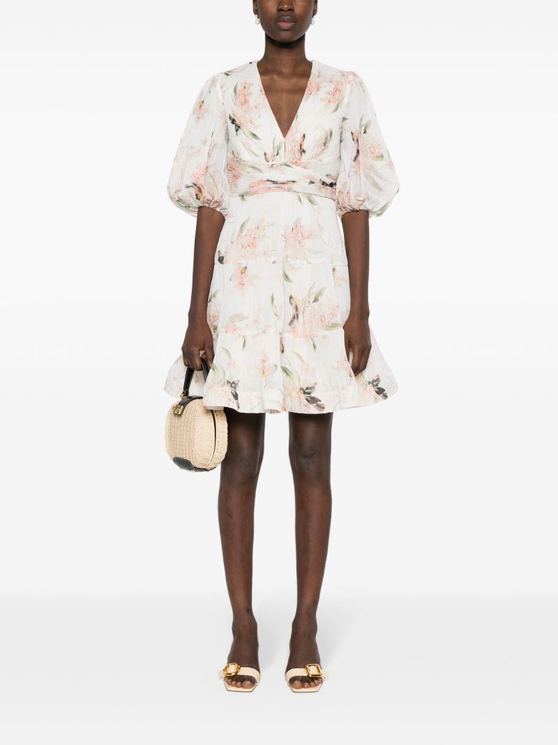 Neutral Printed Pleated Mini Dress