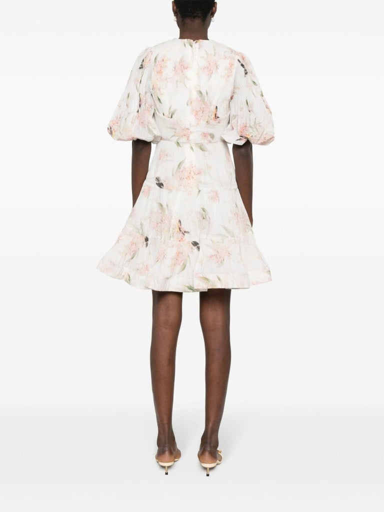 Neutral Printed Pleated Mini Dress