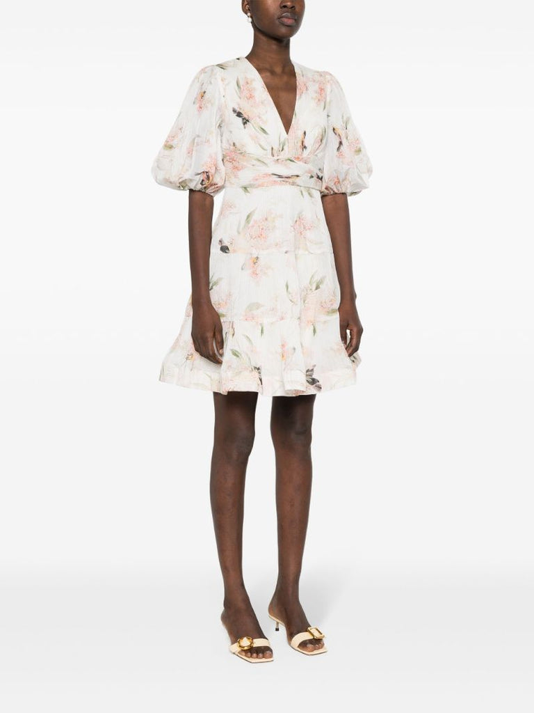 Neutral Printed Pleated Mini Dress