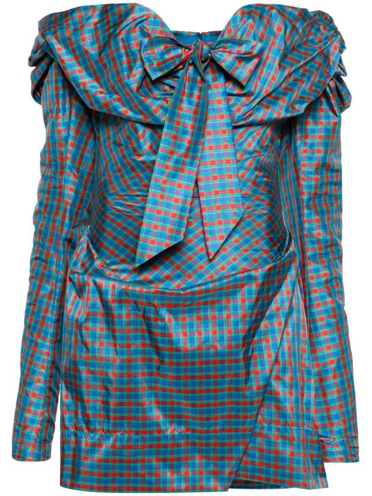 Blue Tartan-print Draped Dress