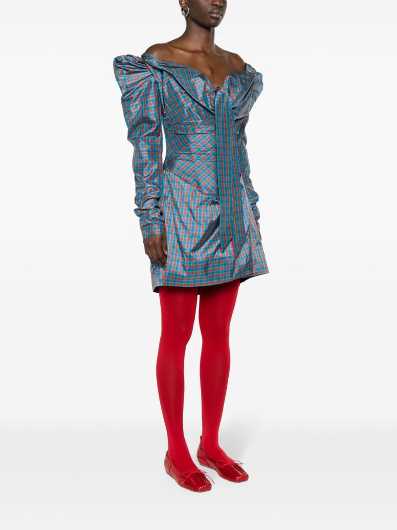 Blue Tartan-print Draped Dress