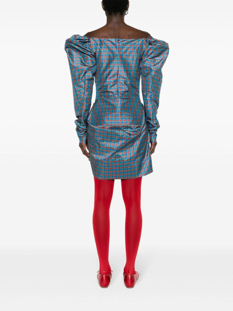 Blue Tartan-print Draped Dress