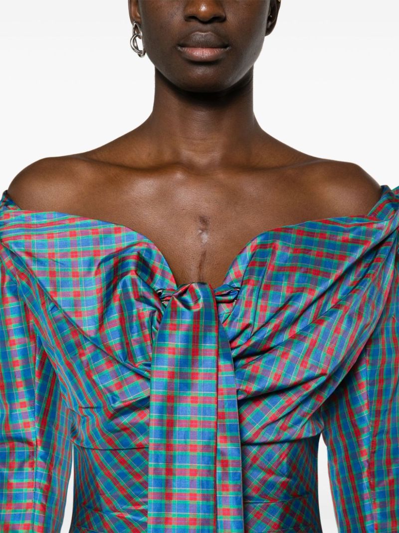 Blue Tartan-print Draped Dress