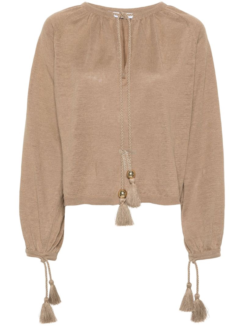 Earth Brown Tassel Detailing Linen Blouse