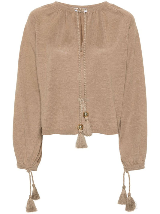 Earth Brown Tassel Detailing Linen Blouse