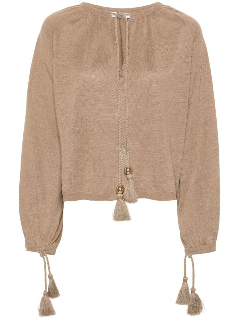 Earth Brown Tassel Detailing Linen Blouse