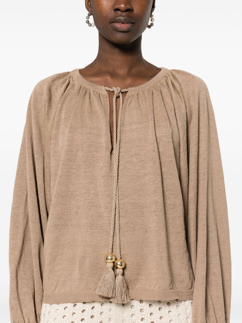 Earth Brown Tassel Detailing Linen Blouse