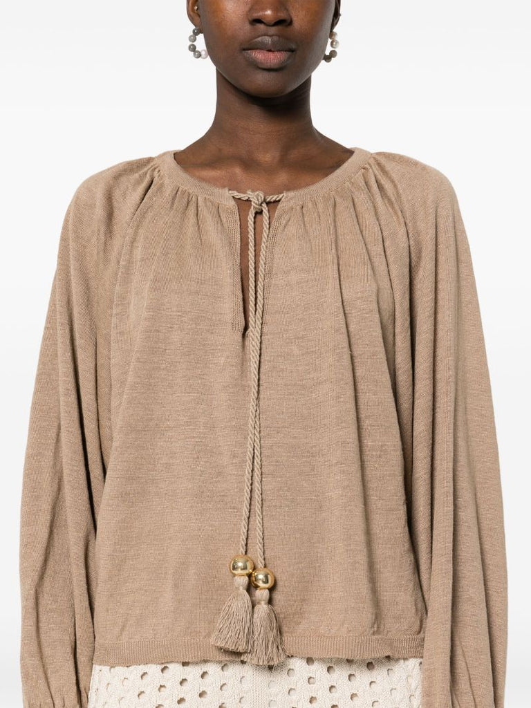 Earth Brown Tassel Detailing Linen Blouse