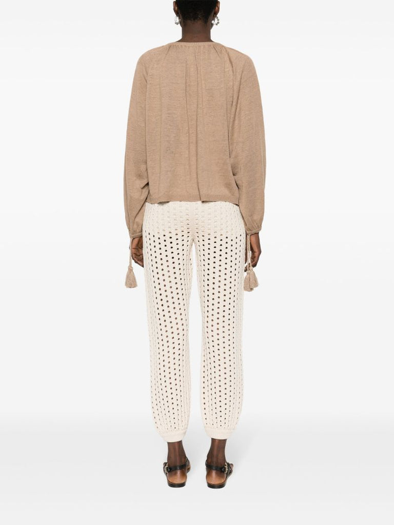 Earth Brown Tassel Detailing Linen Blouse