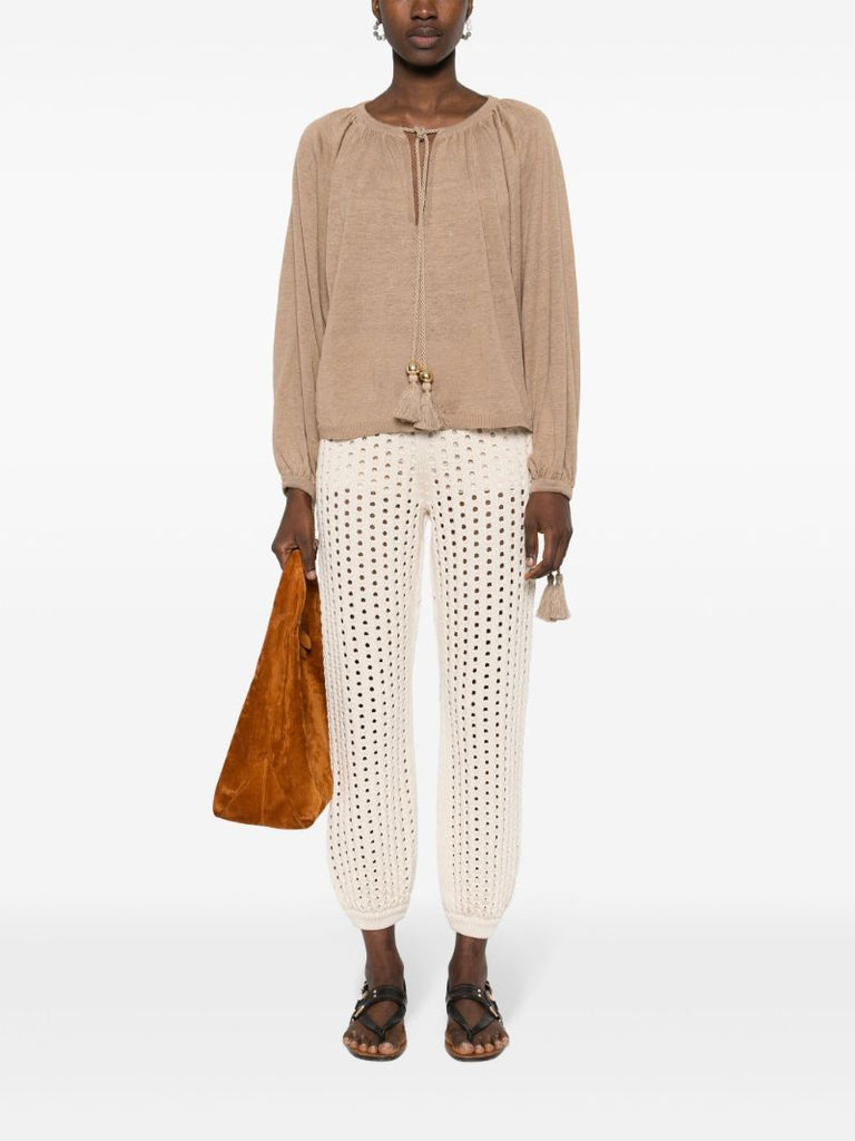 Earth Brown Tassel Detailing Linen Blouse