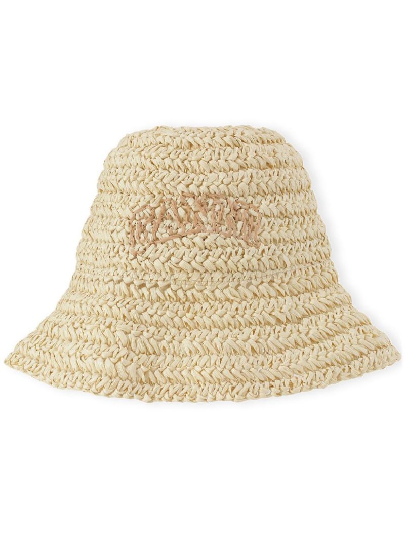 Neutral Embroidered Straw Bucket Hat