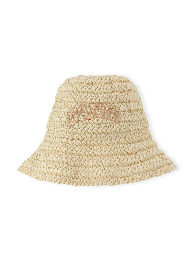 Neutral Embroidered Straw Bucket Hat