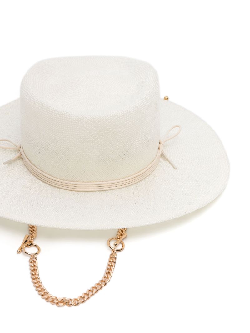 White Chain-detail Straw Fedora Hat