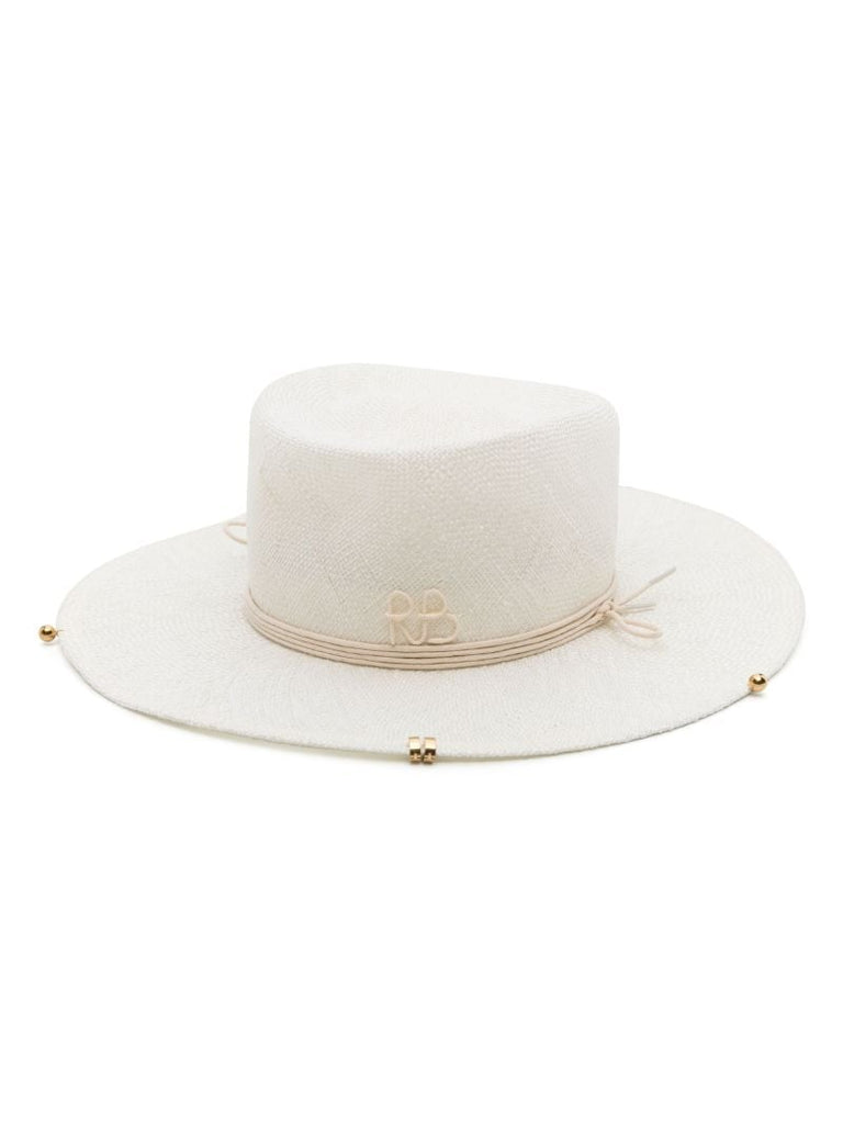 White Chain-detail Straw Fedora Hat