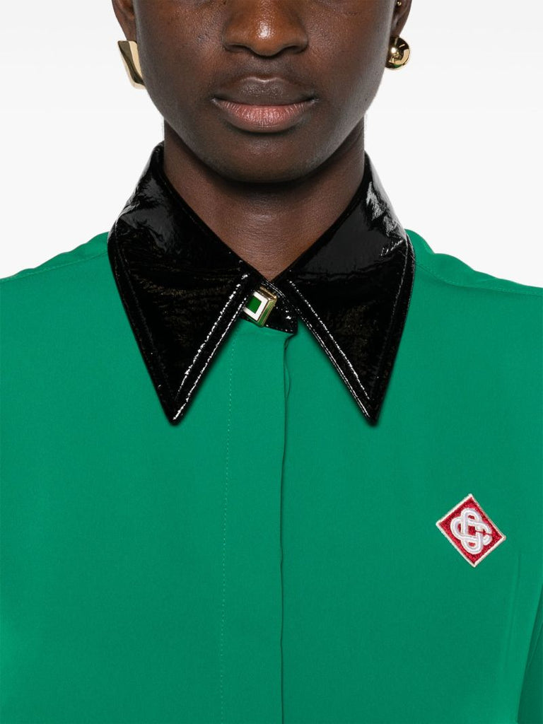 Green Contrast-collar Crepe Shirt