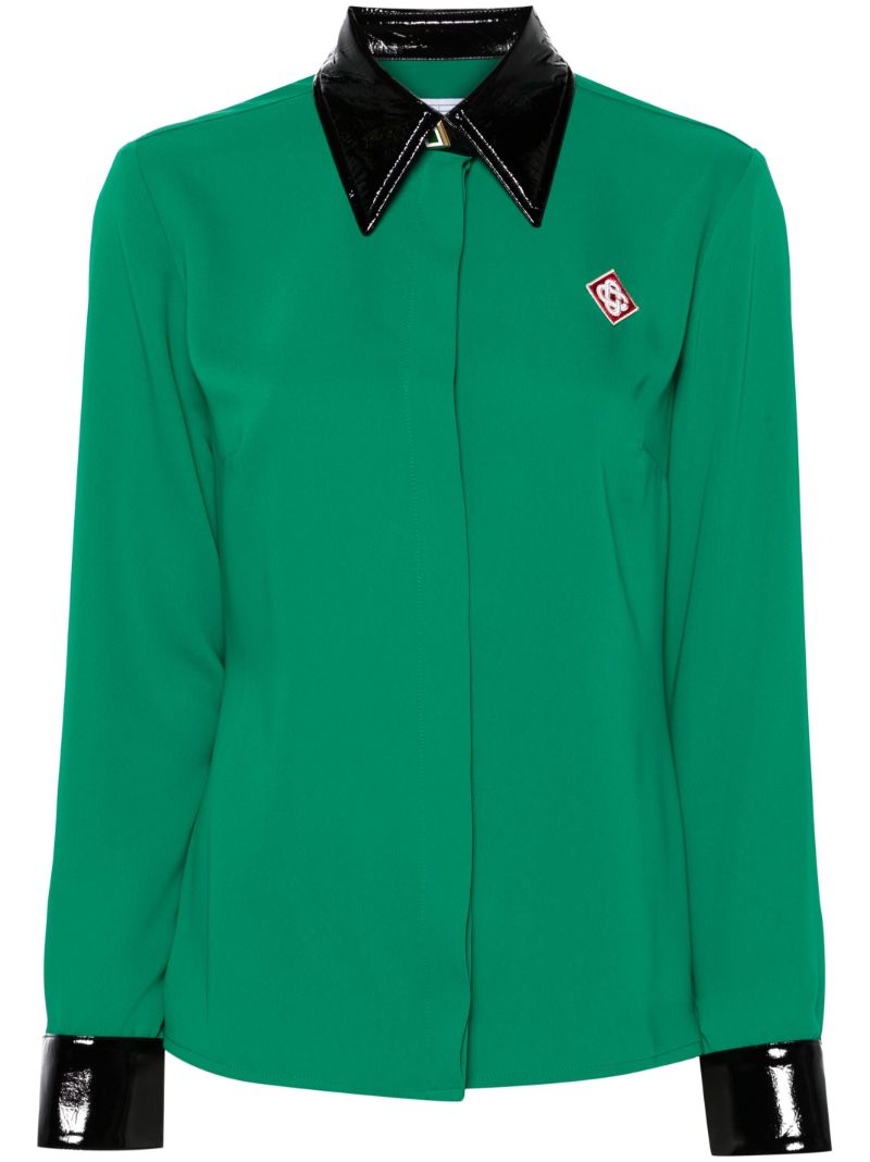 Green Contrast-collar Crepe Shirt