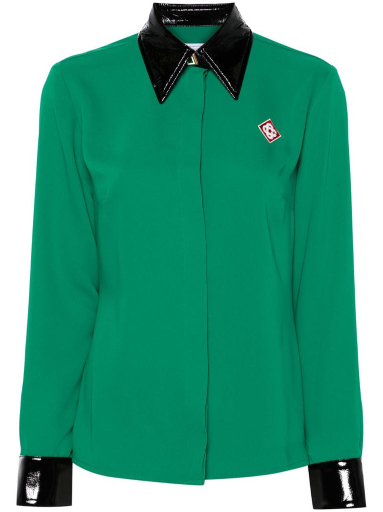 Green Contrast-collar Crepe Shirt