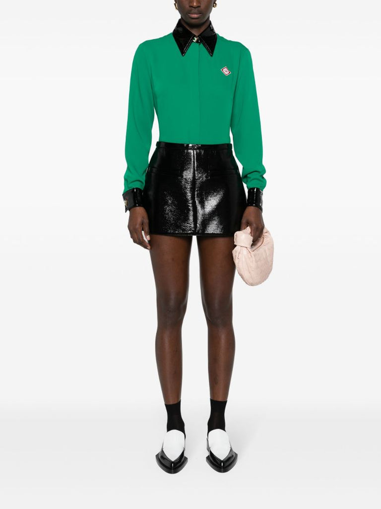 Green Contrast-collar Crepe Shirt