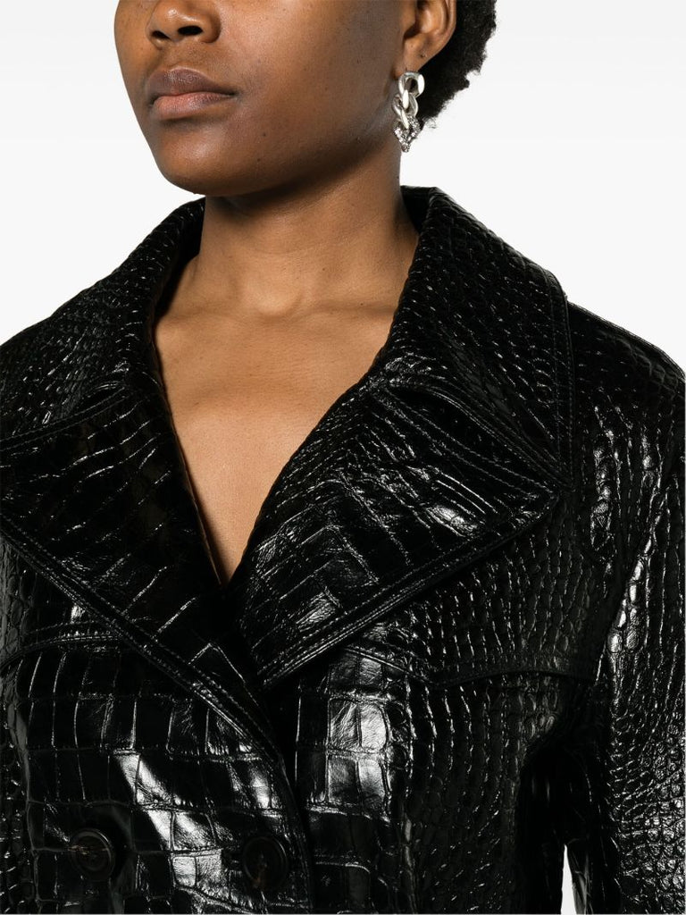 Black Crocodile Effect Leather Trench Coat