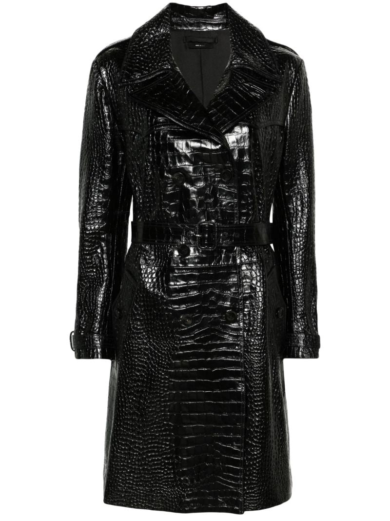 Black Crocodile Effect Leather Trench Coat