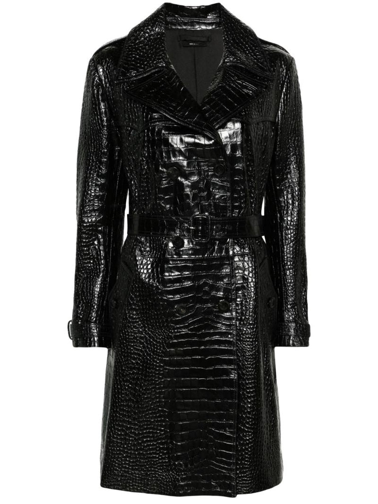 Black Crocodile Effect Leather Trench Coat