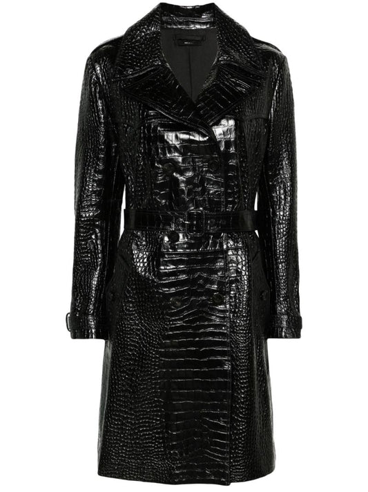 Black Crocodile Effect Leather Trench Coat