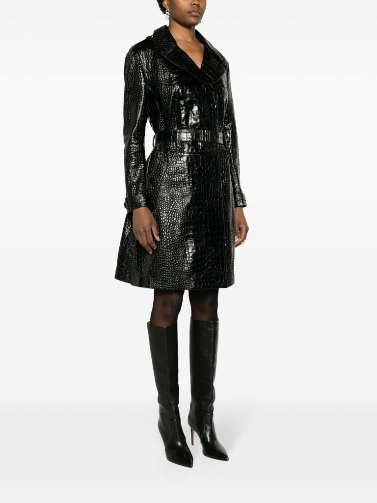 Black Crocodile Effect Leather Trench Coat