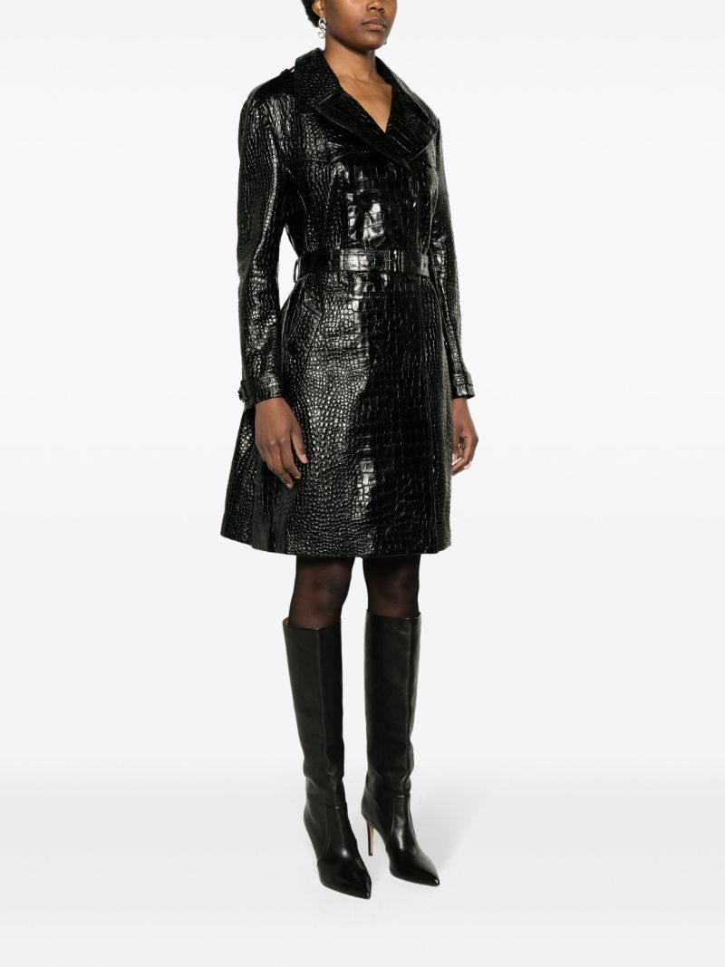 Black Crocodile Effect Leather Trench Coat