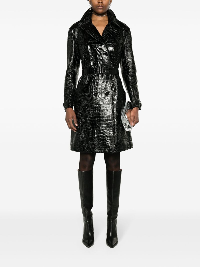 Black Crocodile Effect Leather Trench Coat