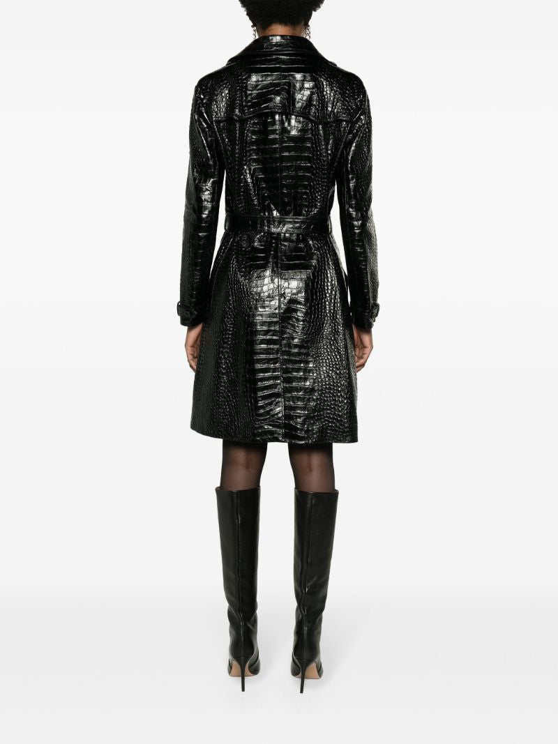 Black Crocodile Effect Leather Trench Coat