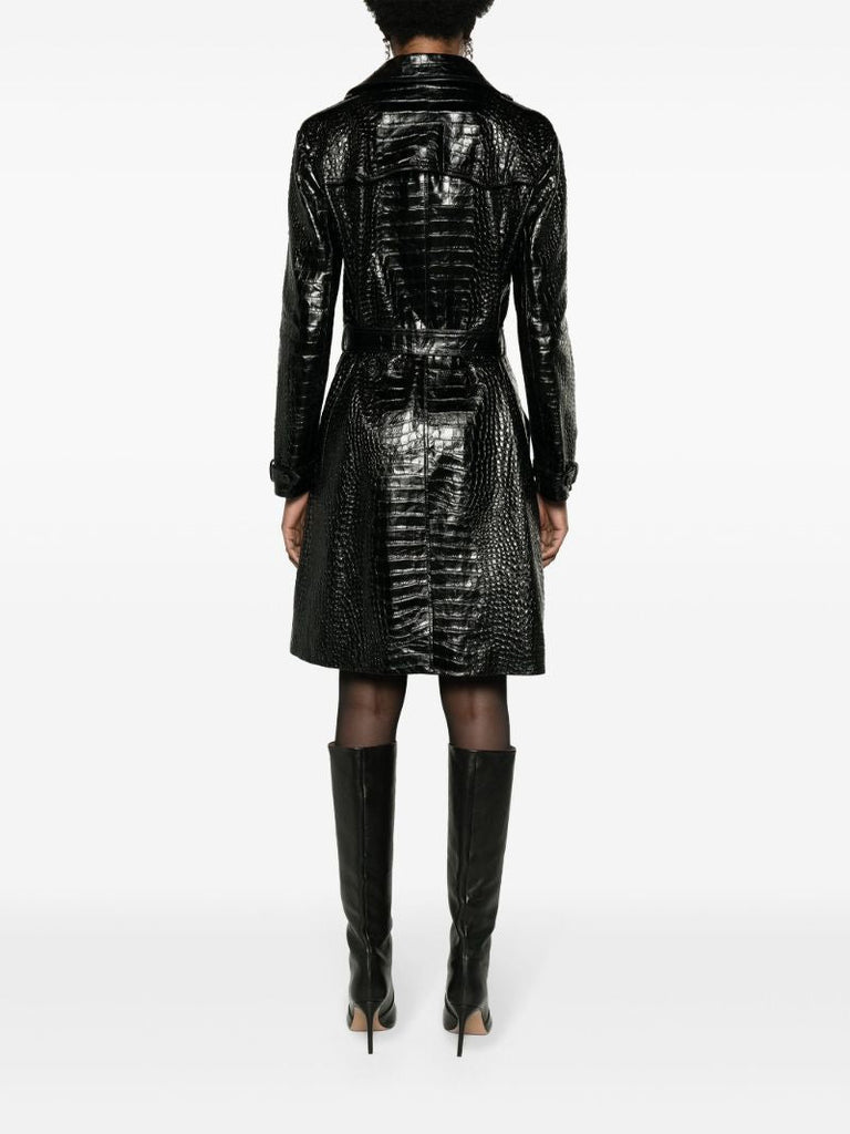 Black Crocodile Effect Leather Trench Coat