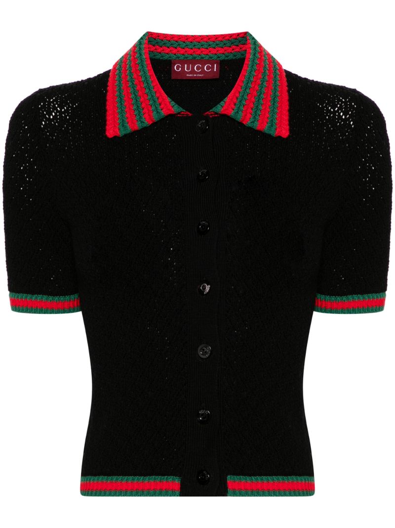 Black Web-stripe Crochet-knit Polo Shirt