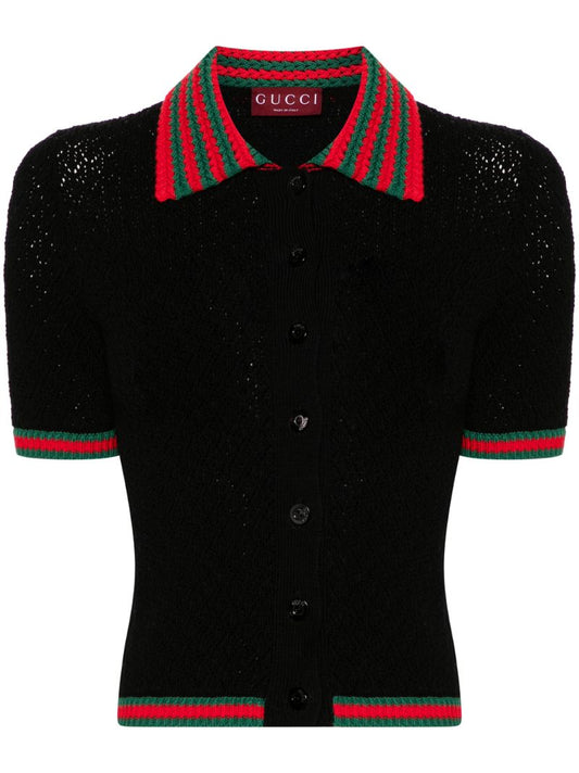 Black Web-stripe Crochet-knit Polo Shirt