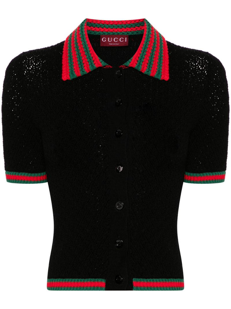 Black Web-stripe Crochet-knit Polo Shirt