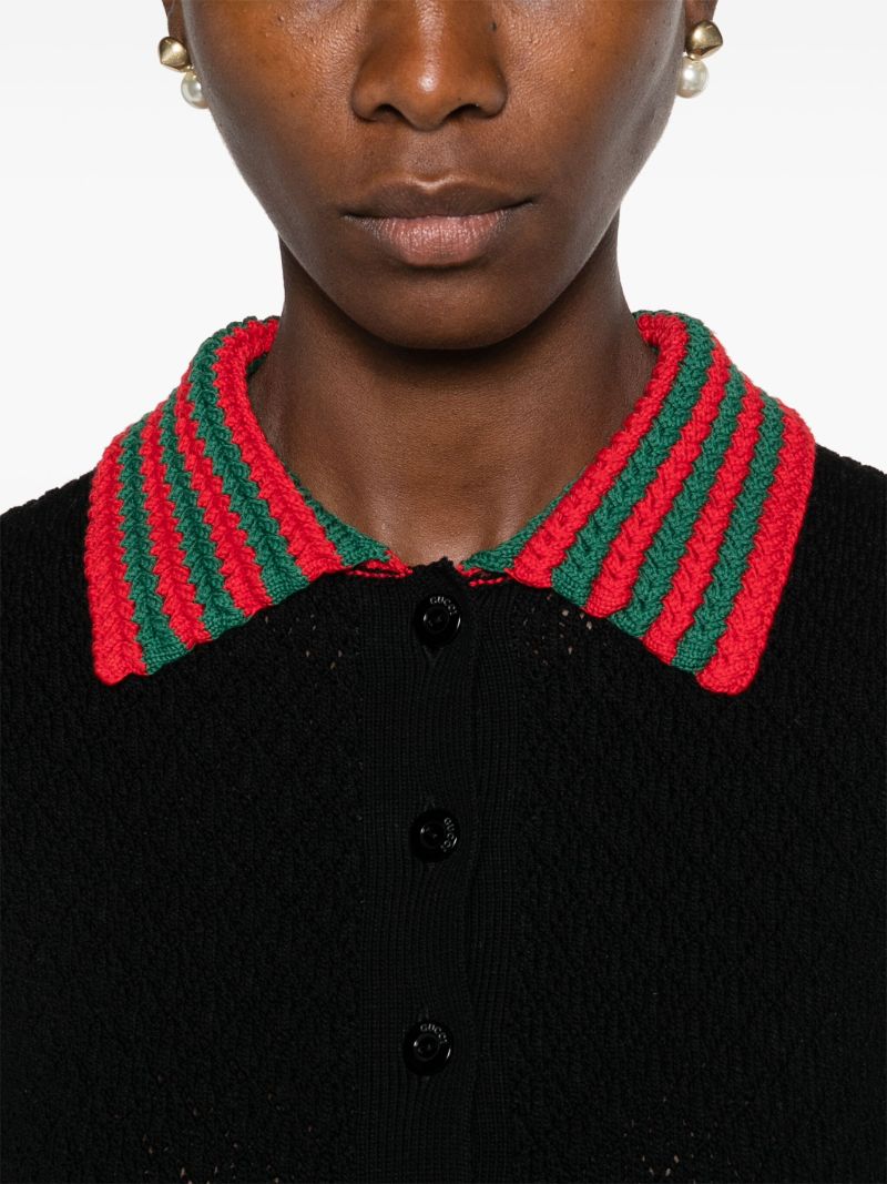 Black Web-stripe Crochet-knit Polo Shirt
