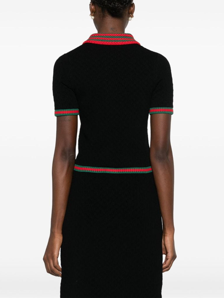 Black Web-stripe Crochet-knit Polo Shirt