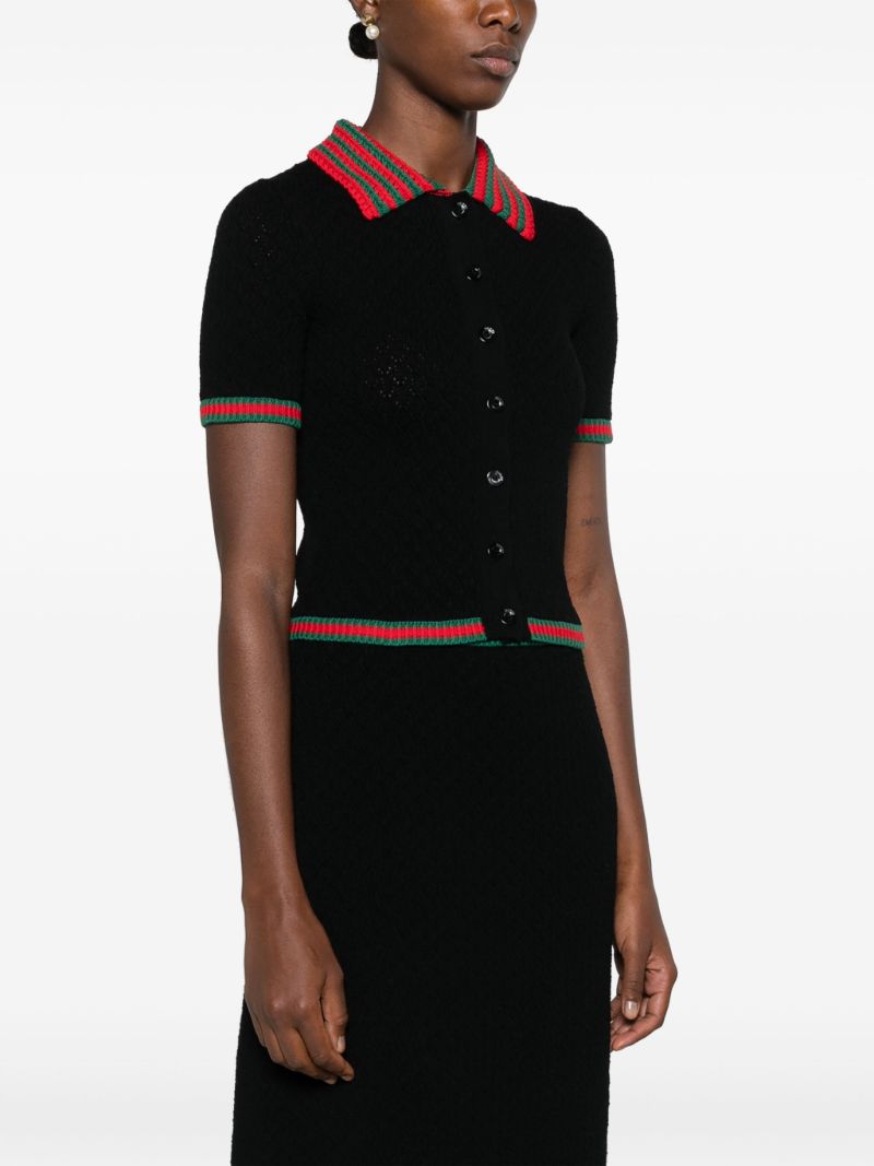 Black Web-stripe Crochet-knit Polo Shirt