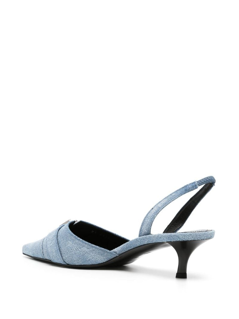 Blue Side-buckled Denim Sling-back Pumps