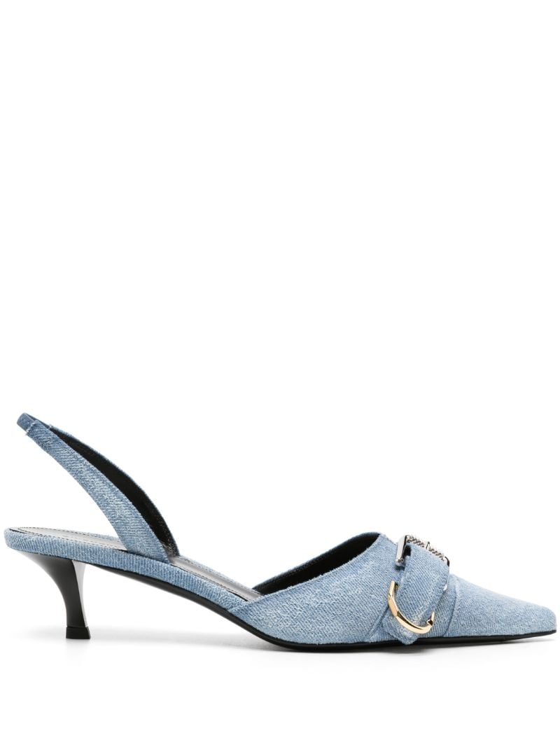 Blue Side-buckled Denim Sling-back Pumps