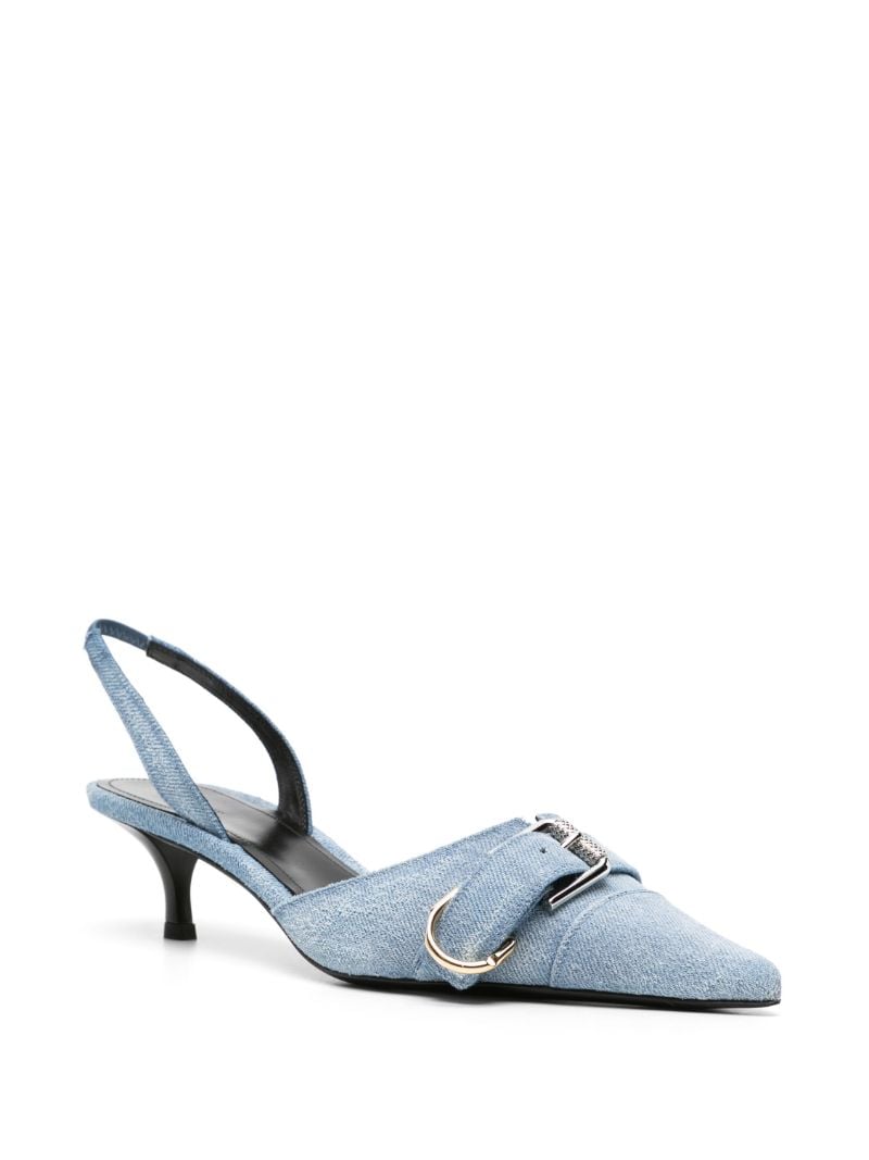 Blue Side-buckled Denim Sling-back Pumps
