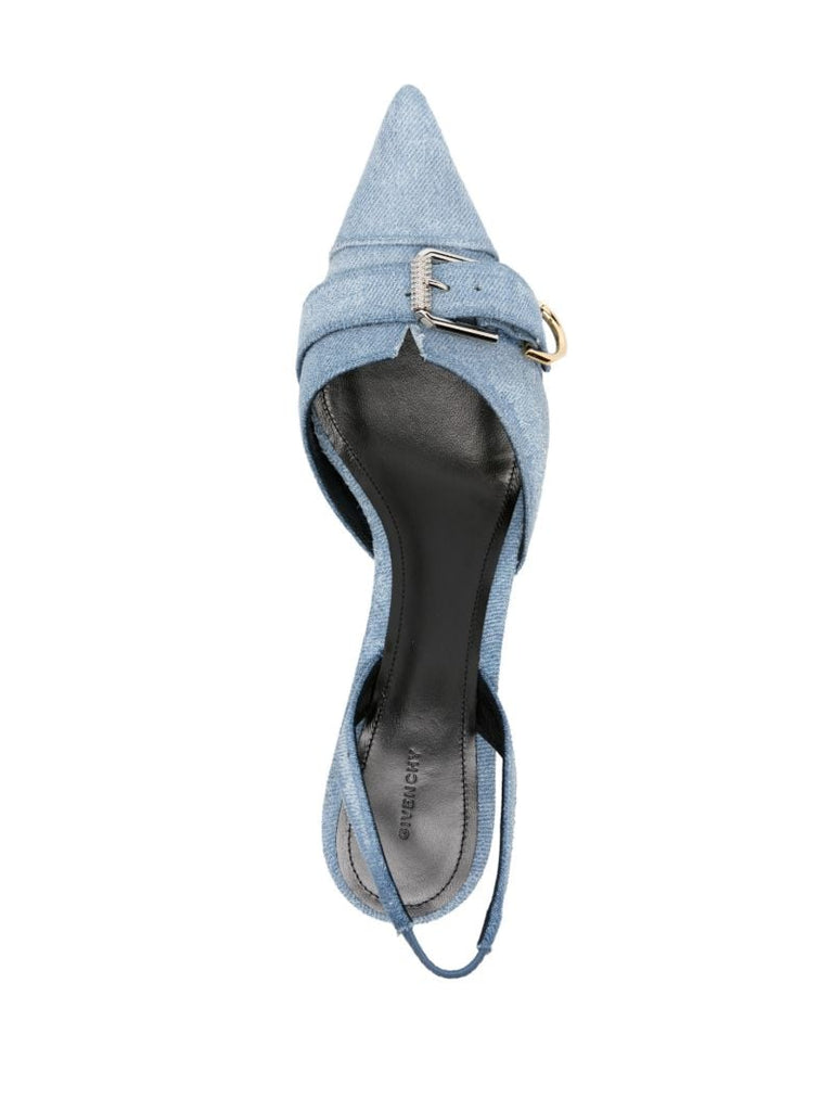 Blue Side-buckled Denim Sling-back Pumps