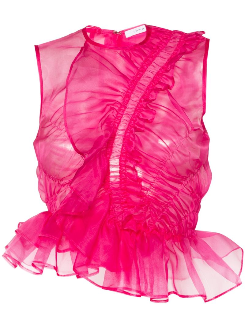 Pink Geo Ruffled Silk Top